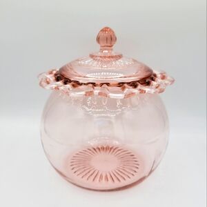 Vintage‎ Lace Edge Pink Depression Glass Lidded Jar 1930s Art Deco Collectible